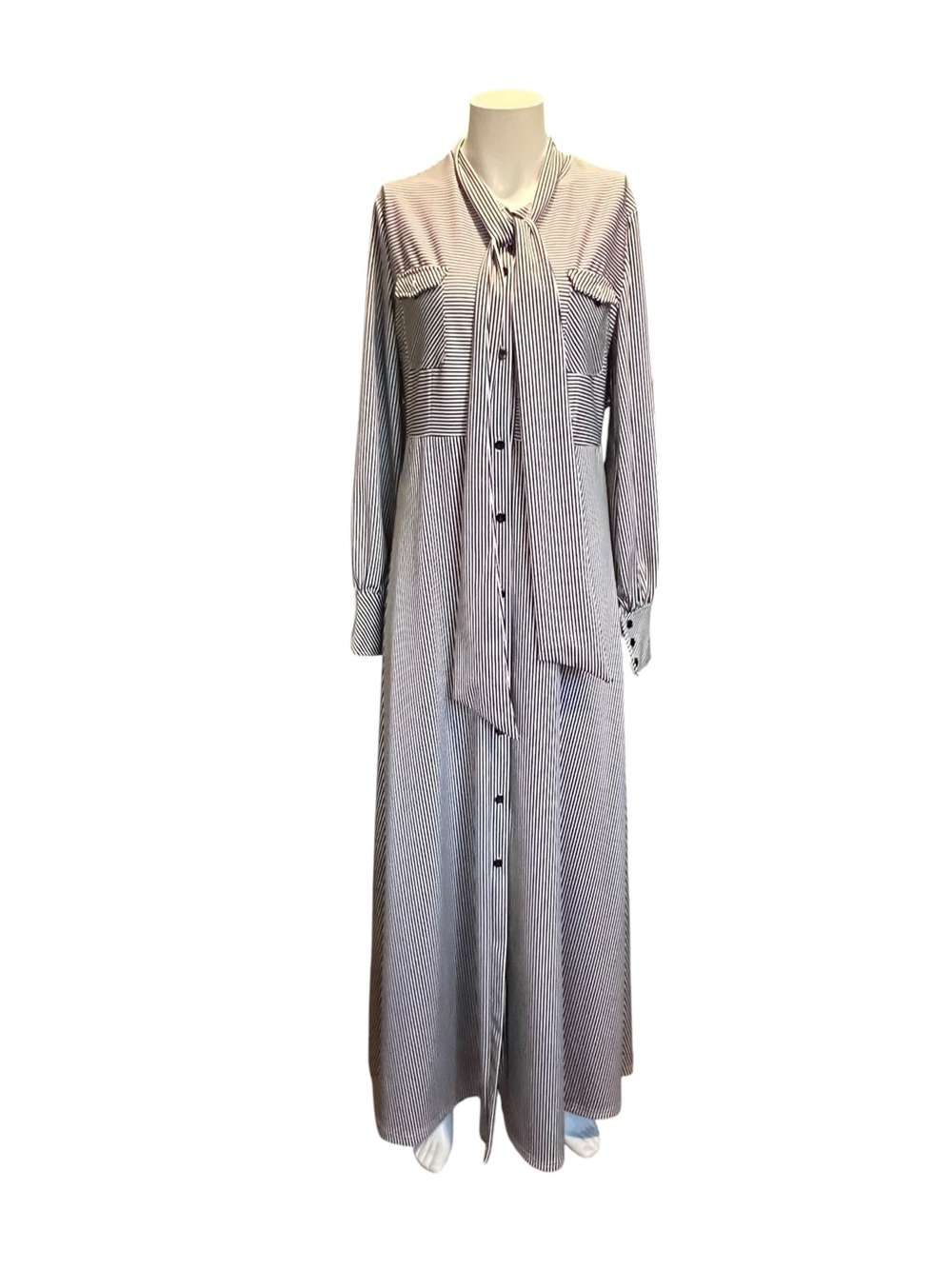 Striped Tie-Neck Maxi Shirt Dress - Gray/White